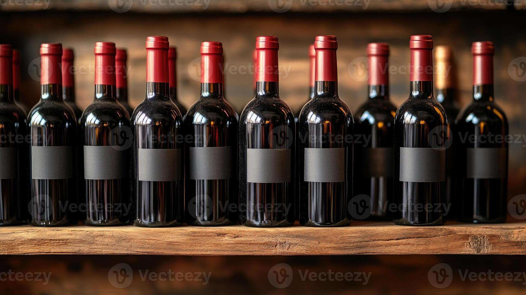 Wine bottles with blank labels resting on a wooden shelf photo
