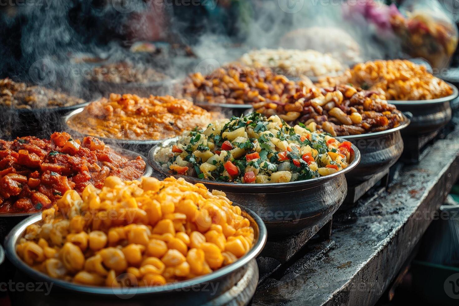 Street food market stall with indian cuisine steaming in pots photo