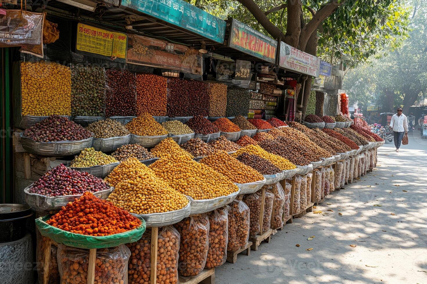 Outdoor market stall selling colorful dates and nuts in dhaka bangladesh photo