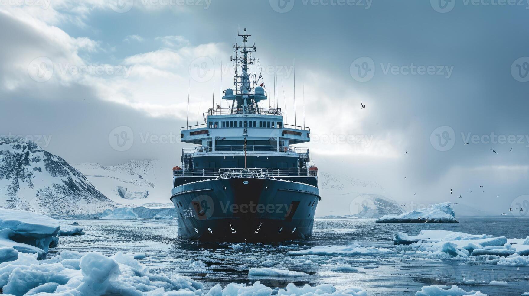Large exploration ship sailing through icy waters in antarctica photo