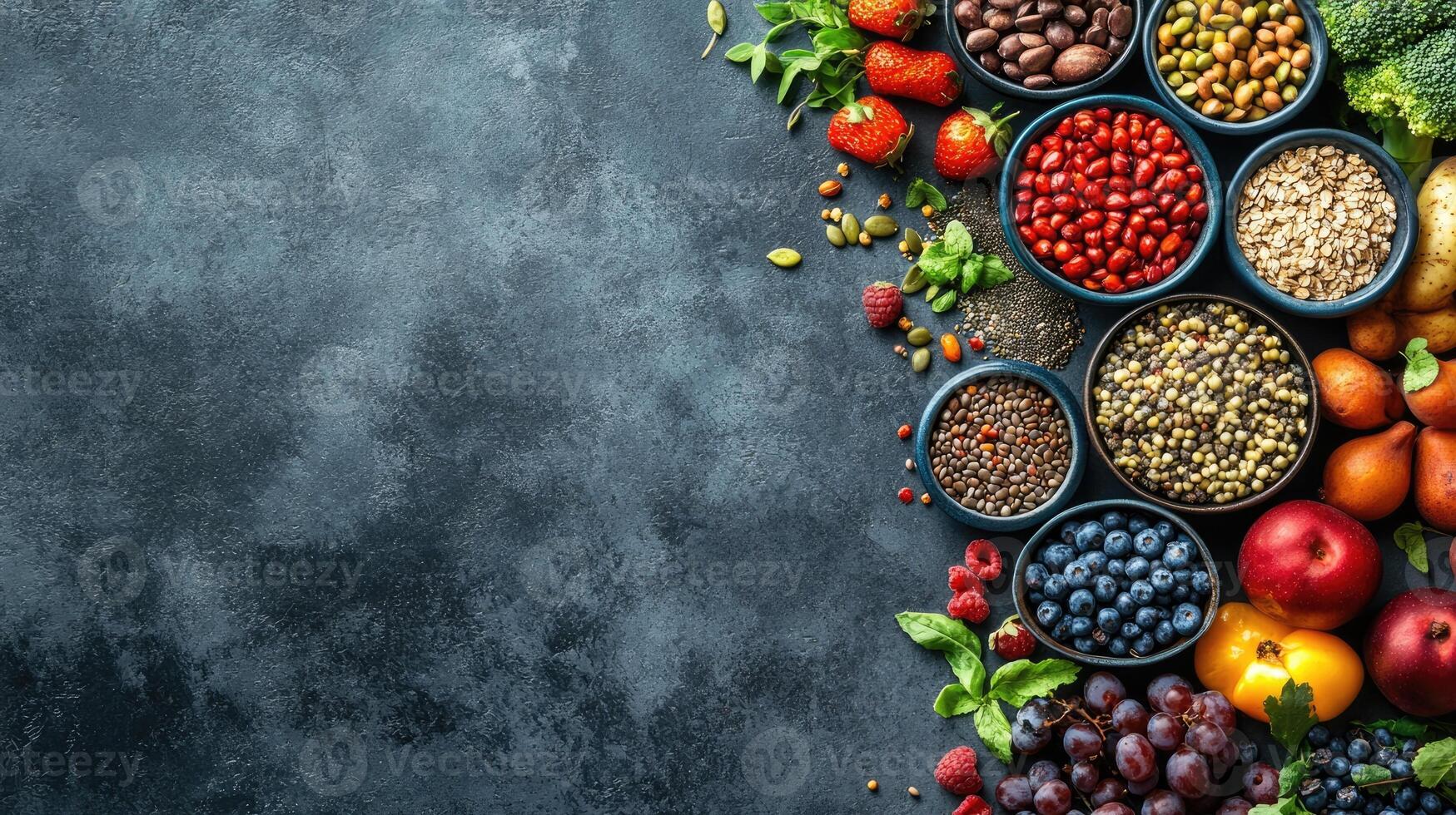 Selection of healthy food products lying on dark background photo