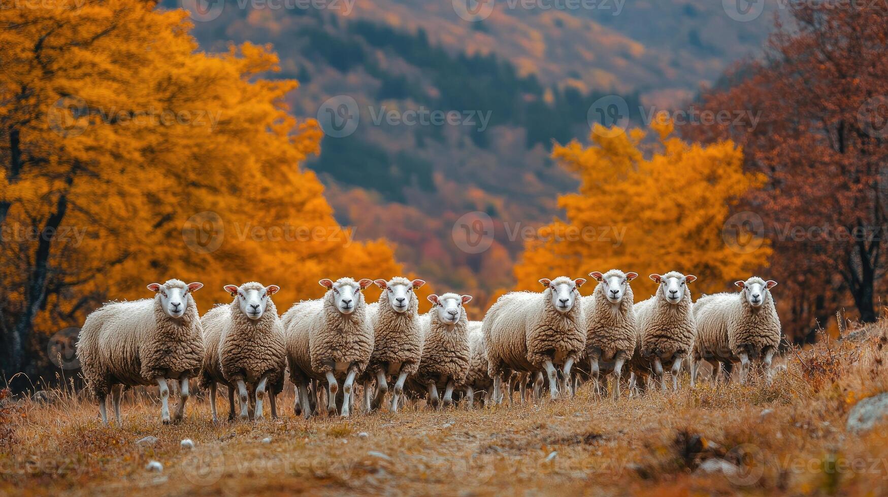 Flock of sheep standing in line on hillside with autumn foliage photo