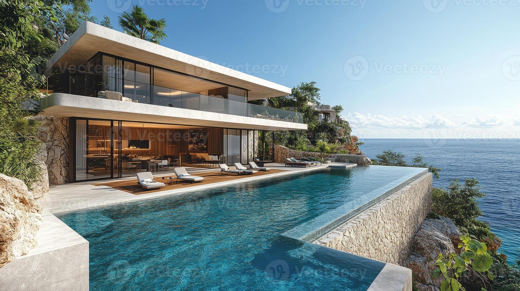 Luxury infinity pool overlooking the ocean at a modern villa photo
