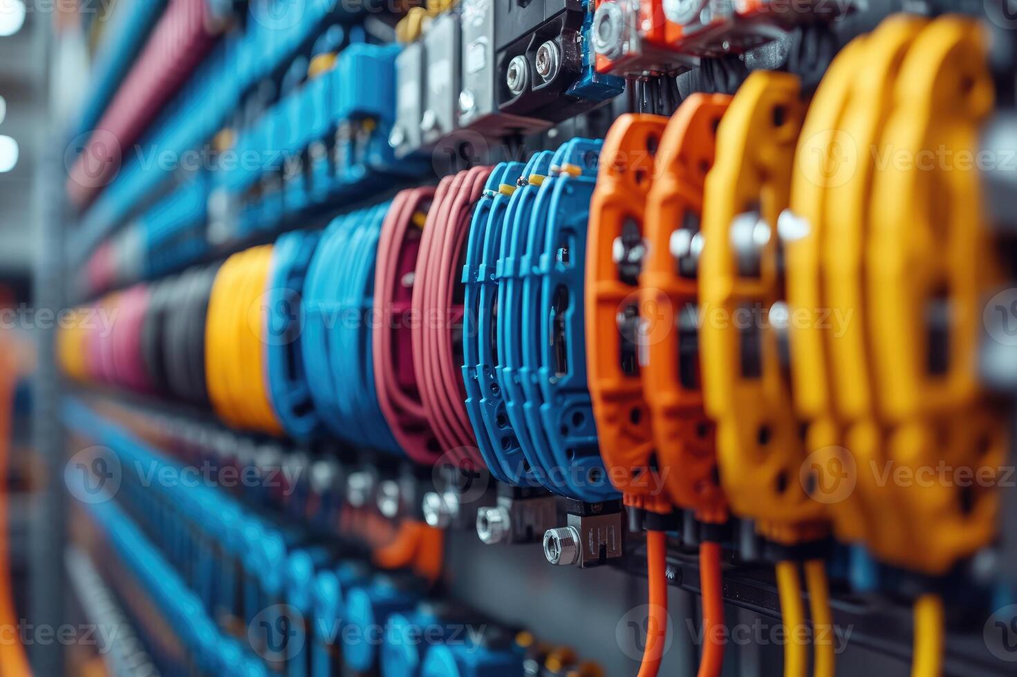 Electrical cabinet showing colorful terminal blocks with connected wires photo