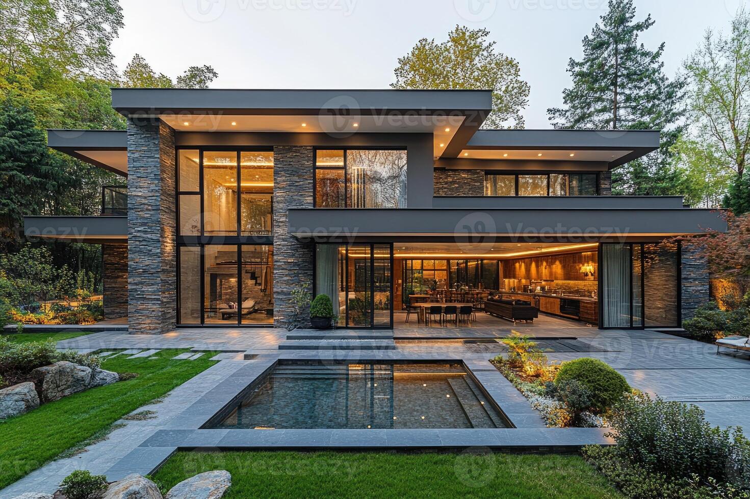 Luxurious modern home overlooking tranquil water feature and lush green garden photo