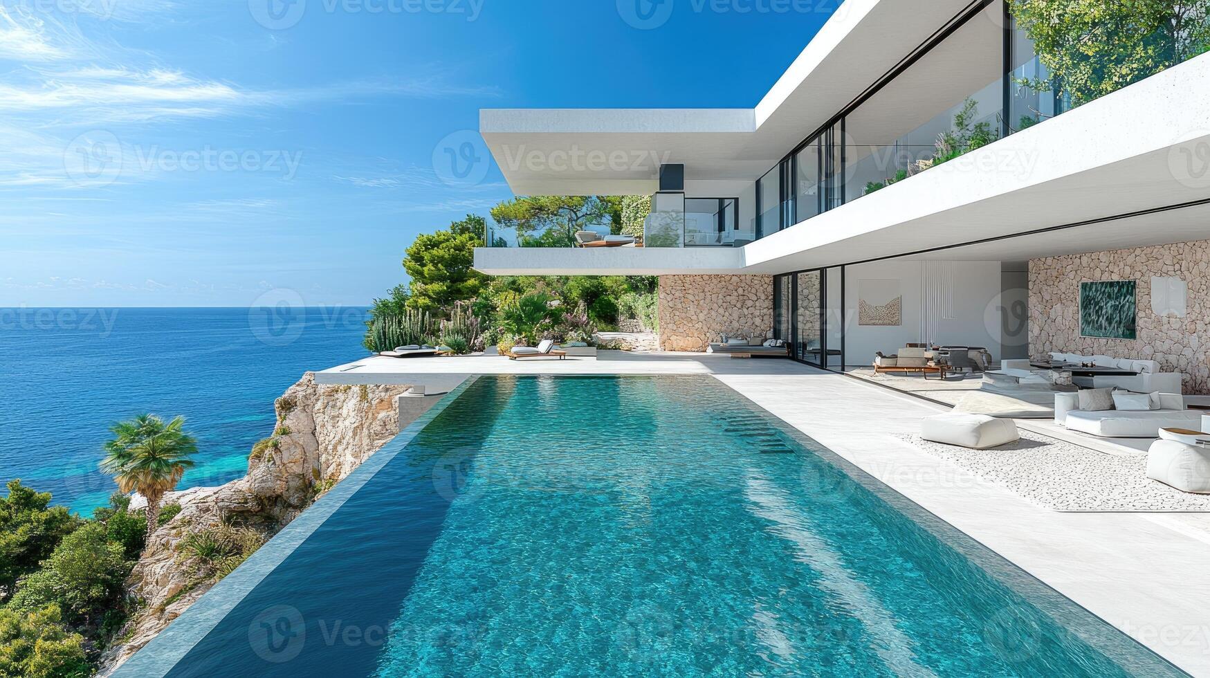 Infinity pool overlooking the ocean at a luxurious cliffside villa photo
