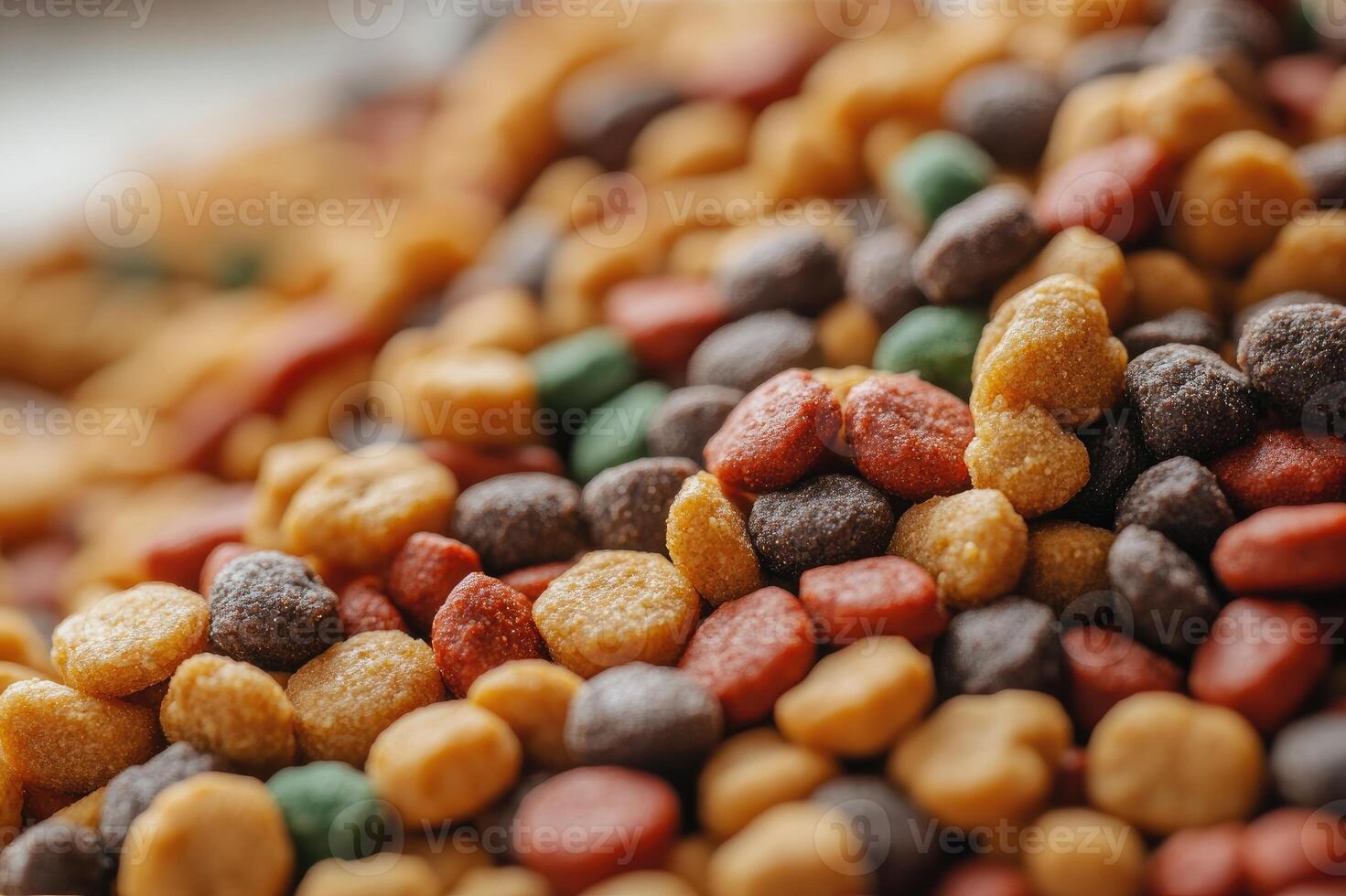 Close up of colorful dry dog food sitting in a pile photo