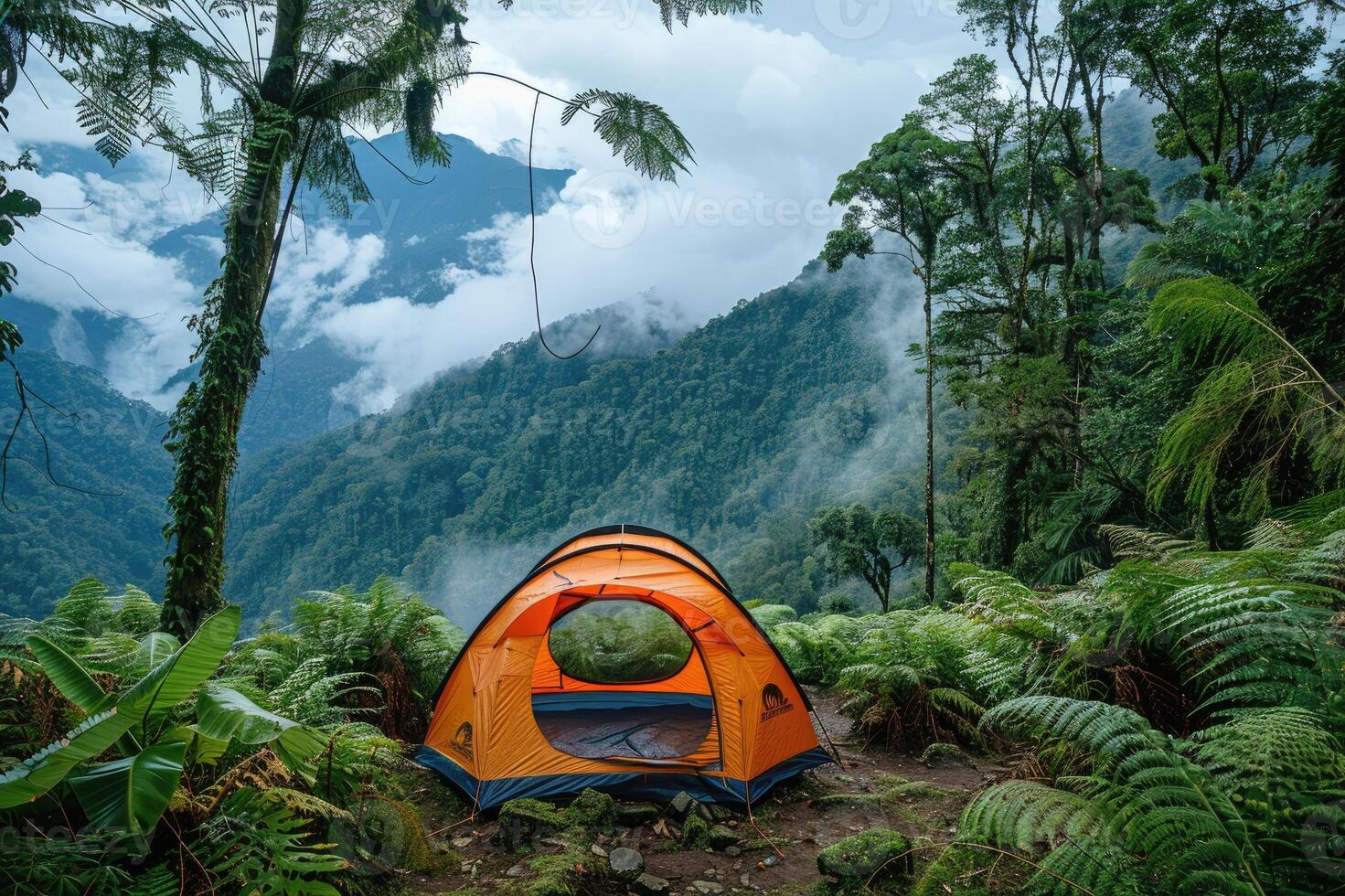 Orange tent standing on a clearing in the middle of a lush tropical forest photo
