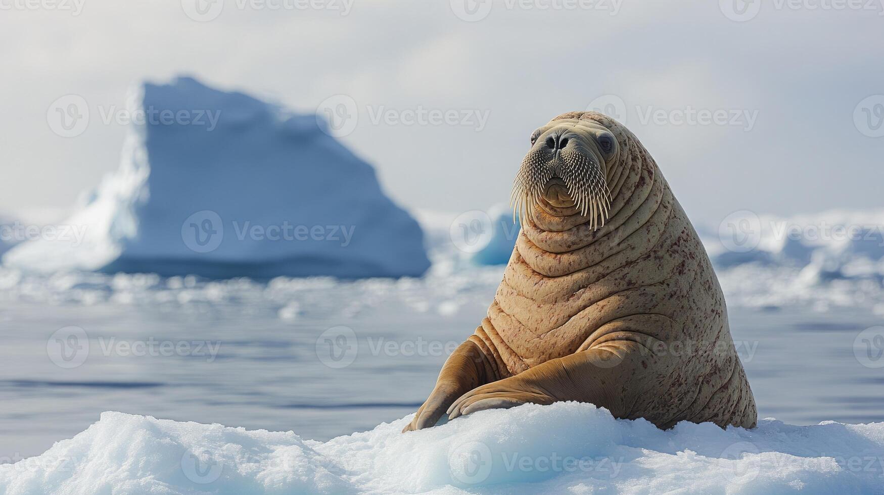 Large walrus resting on ice flow with icebergs in background photo