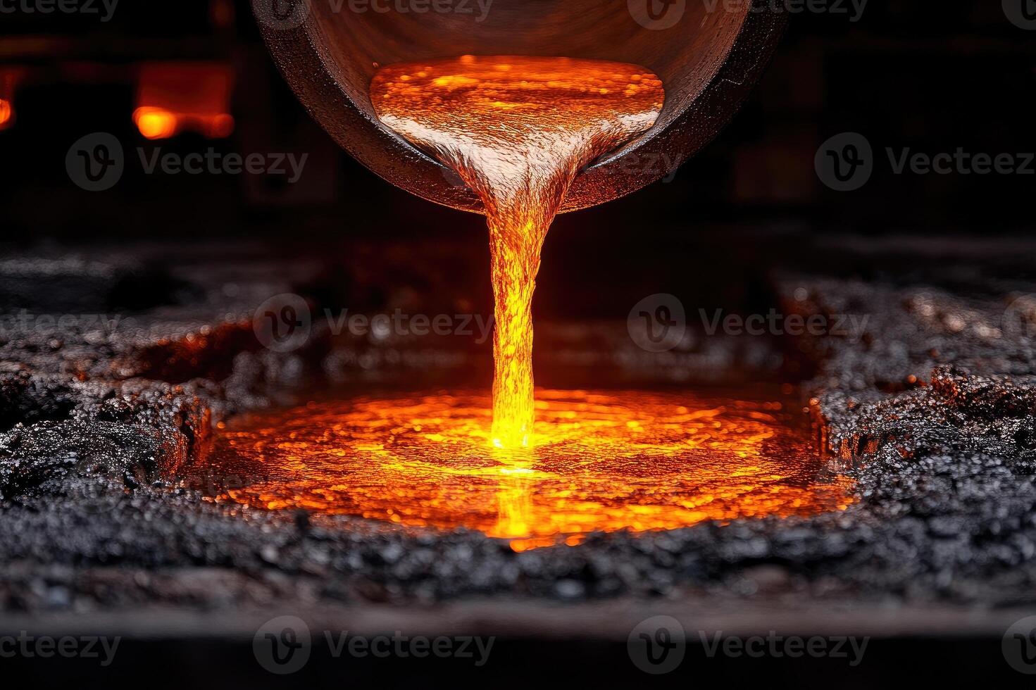 Liquid molten metal pouring from crucible in foundry photo