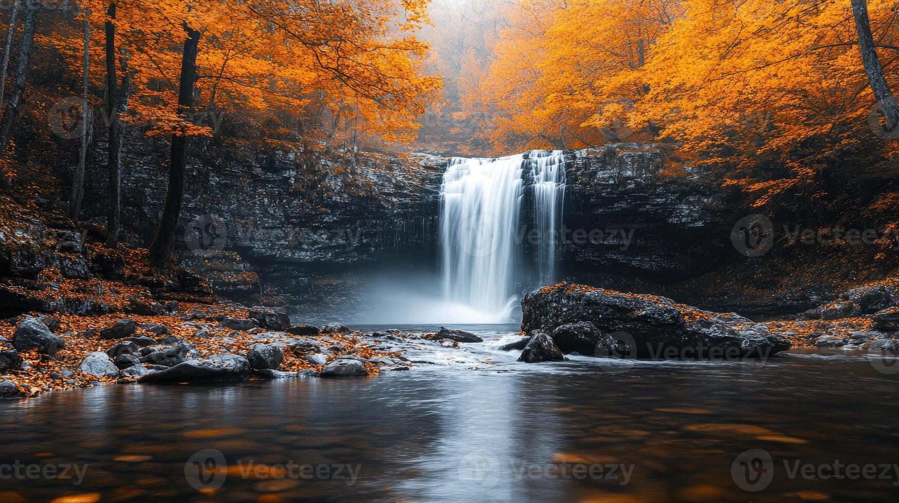 Waterfall flowing into river surrounded by autumn foliage photo