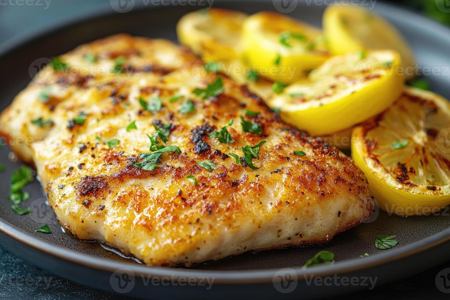 Delicious grilled white fish fillet being served with lemon slices and parsley photo