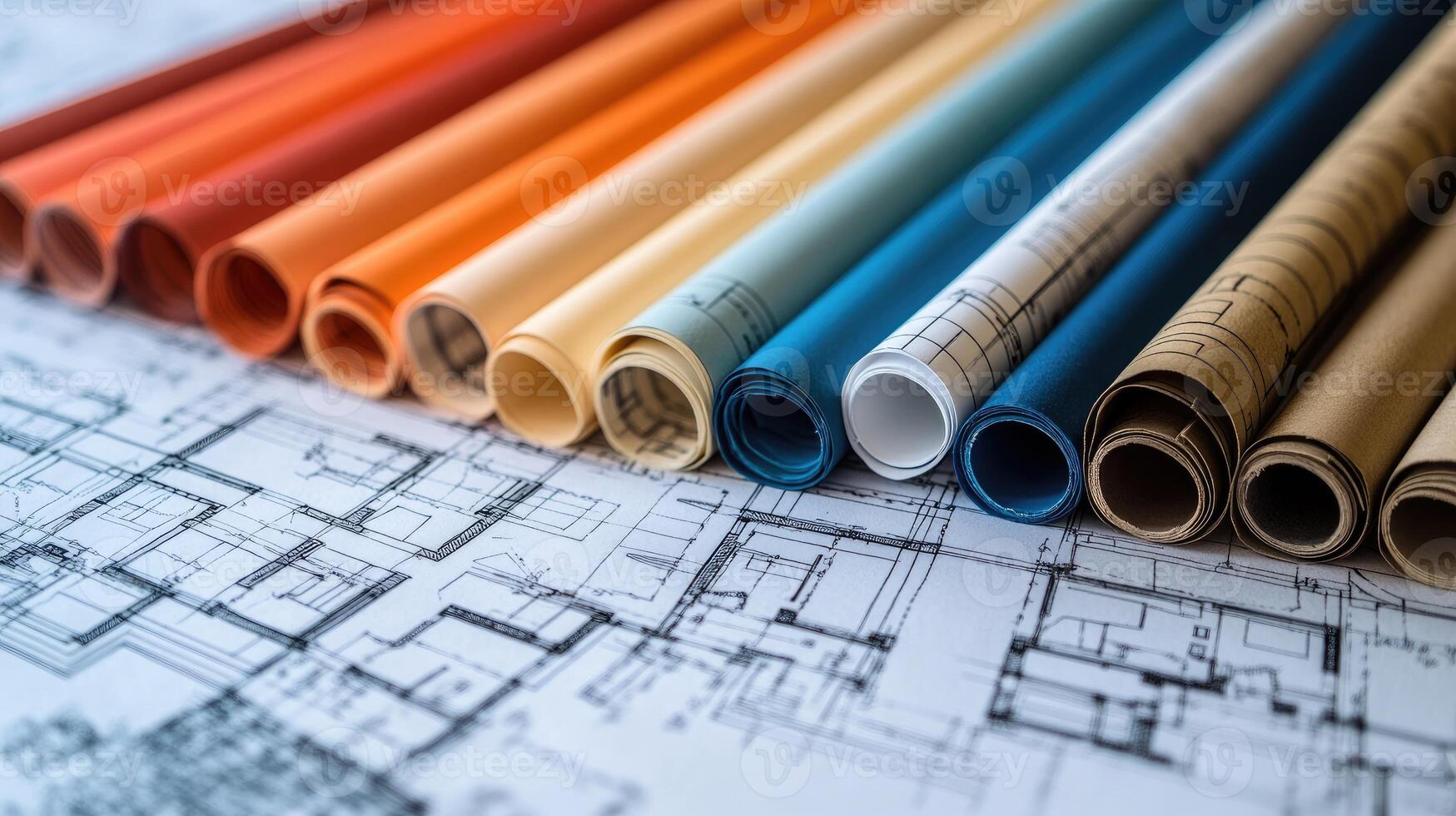 Architect reviewing blueprints and plans for building construction project photo