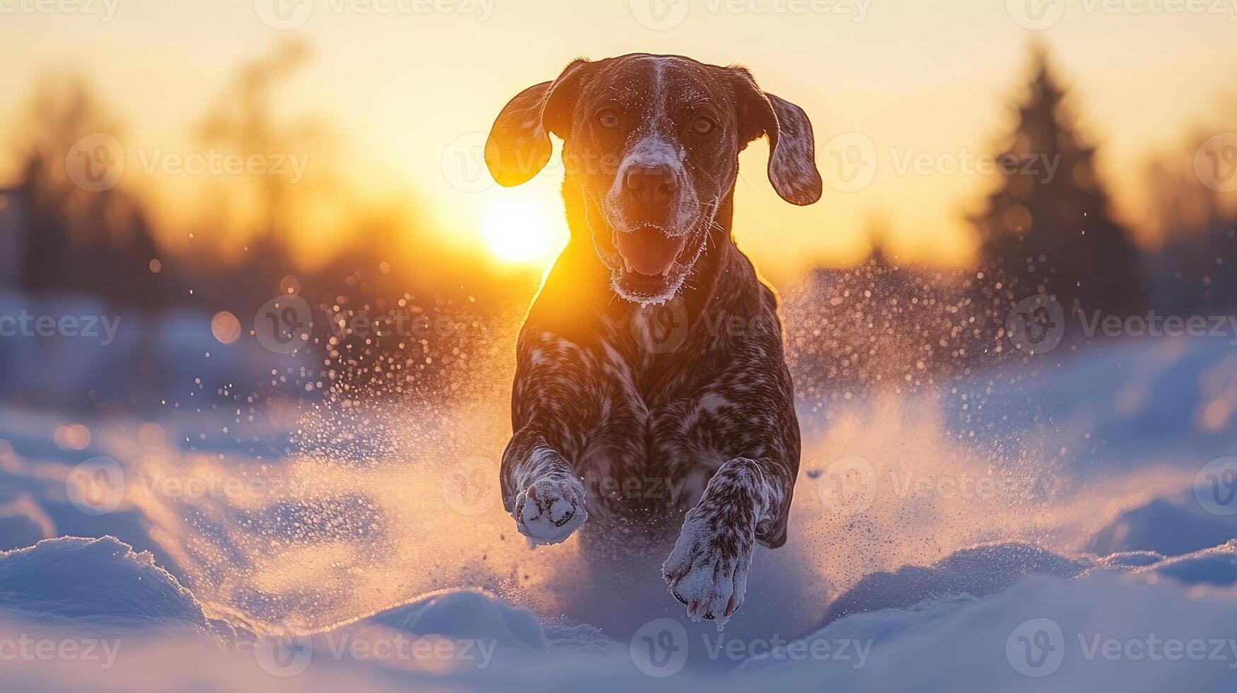 Happy dog running through snow at sunset photo