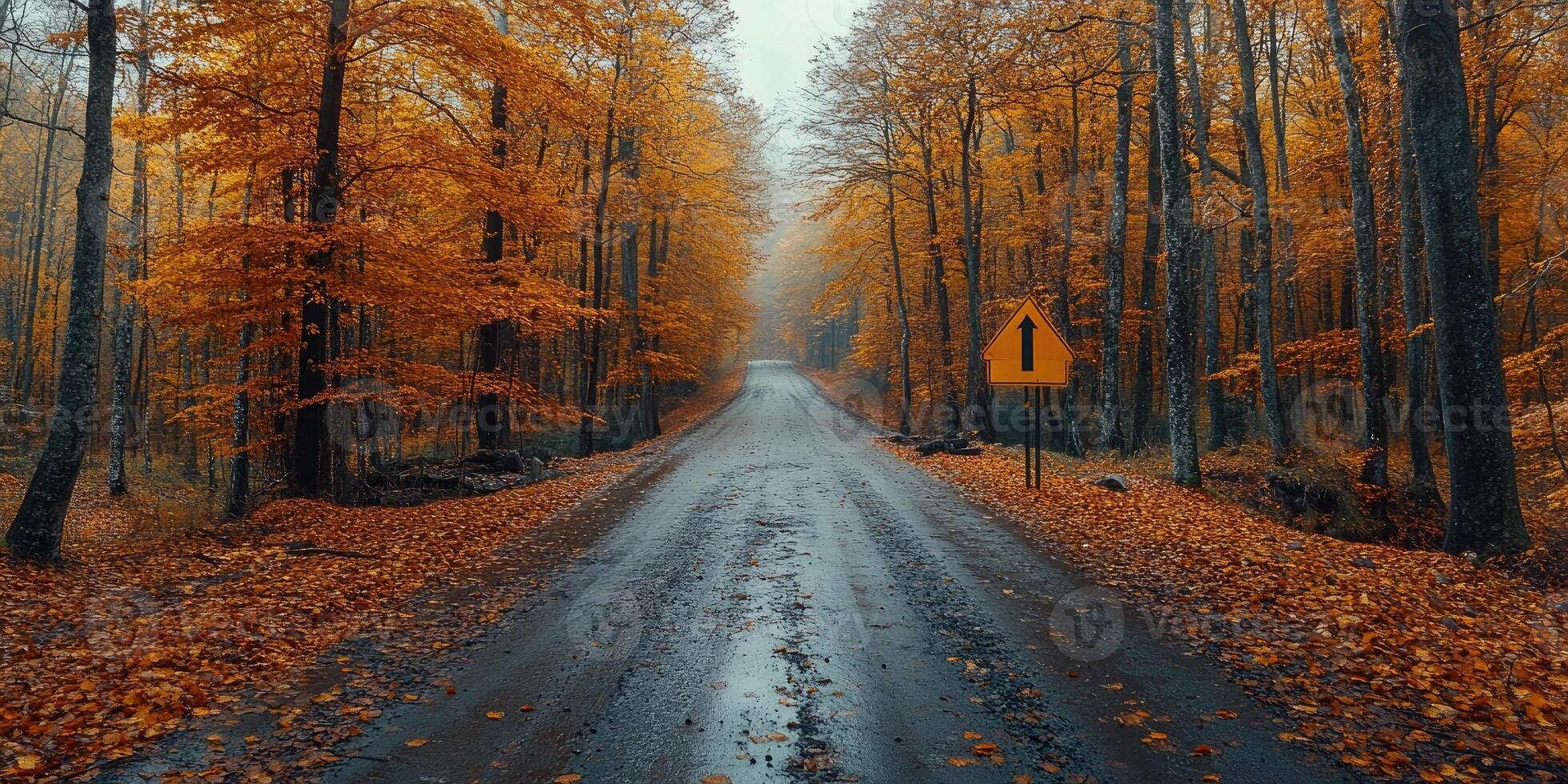 Empty road leading through a forest covered in fall foliage photo
