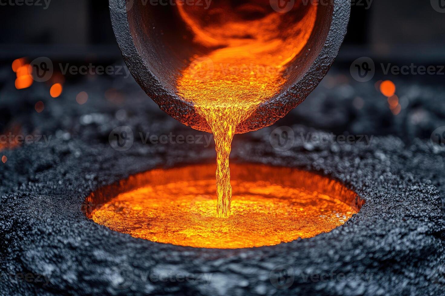 Liquid molten metal pouring from crucible in foundry photo