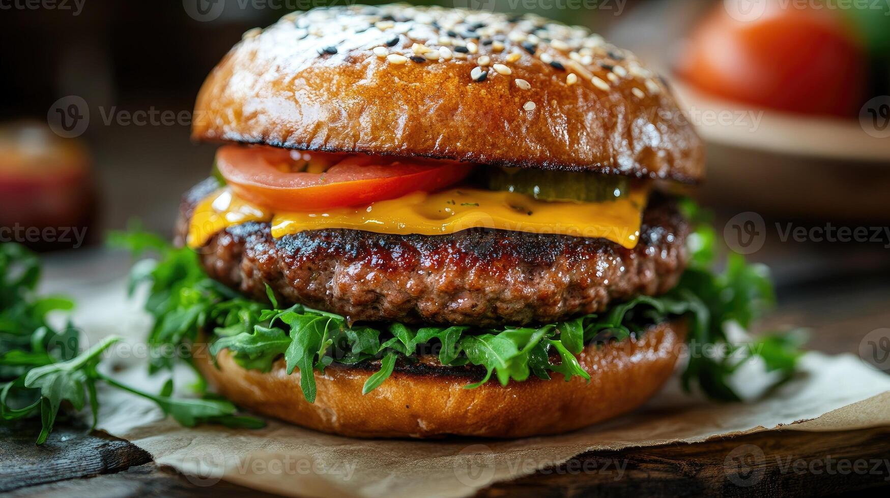 Juicy burger with melted cheese and red onions is waiting to be eaten photo