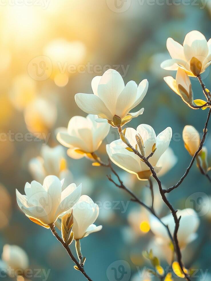 White magnolia flowers blooming on tree branch in spring garden at sunset photo