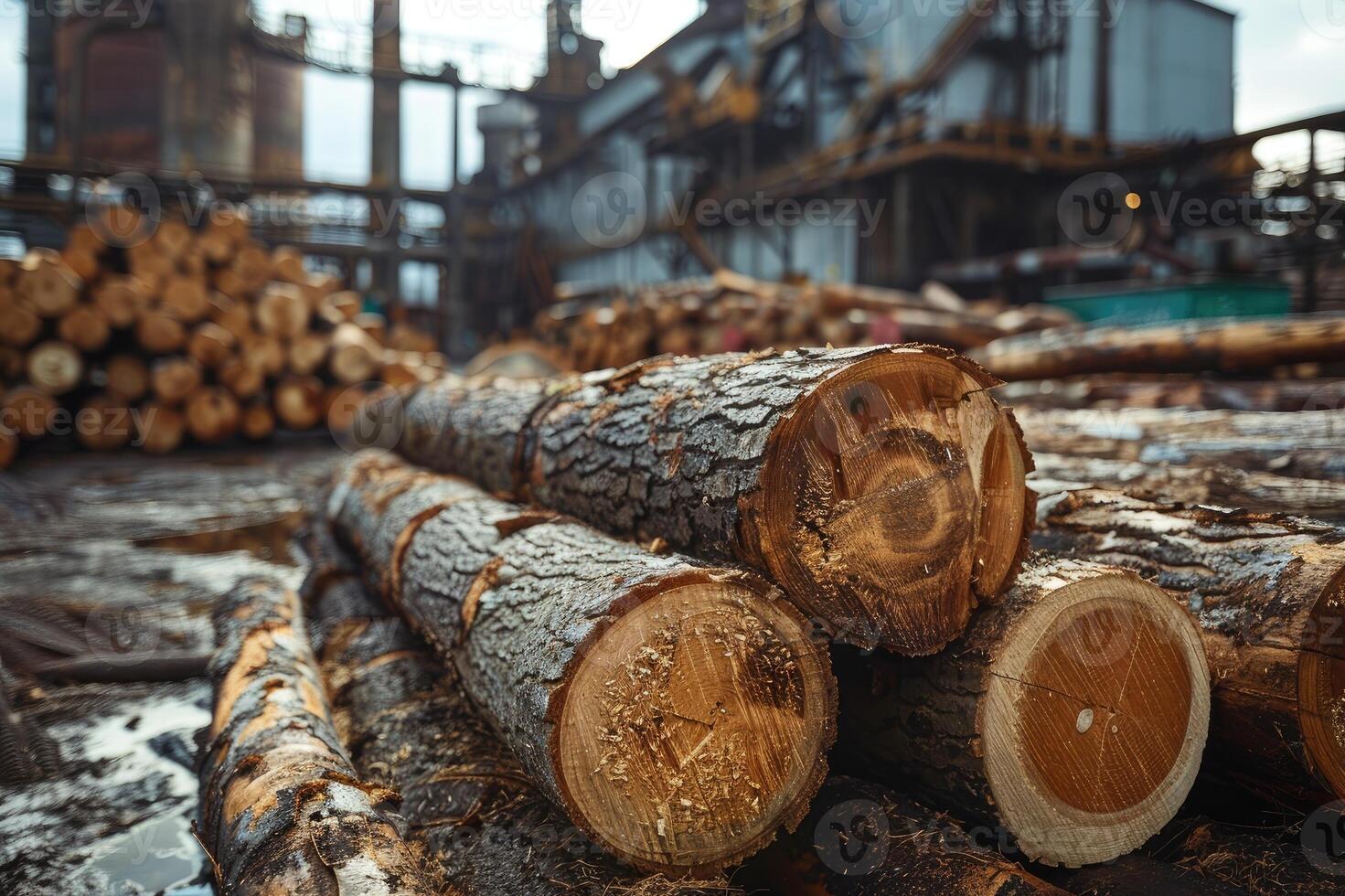 Freshly cut pine logs are piled up, ready for processing in a timber factory photo