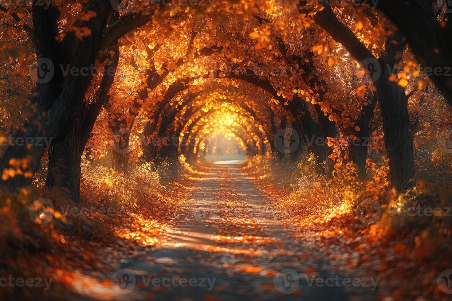 Country road passing through a golden tunnel of trees in autumn photo