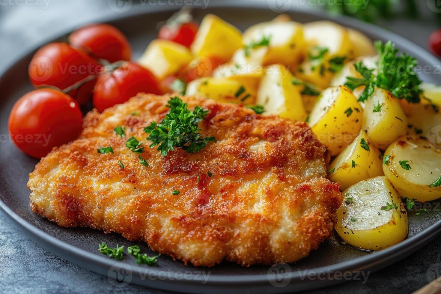 Breaded chicken schnitzel is served on a plate with roasted potatoes and cherry tomatoes photo