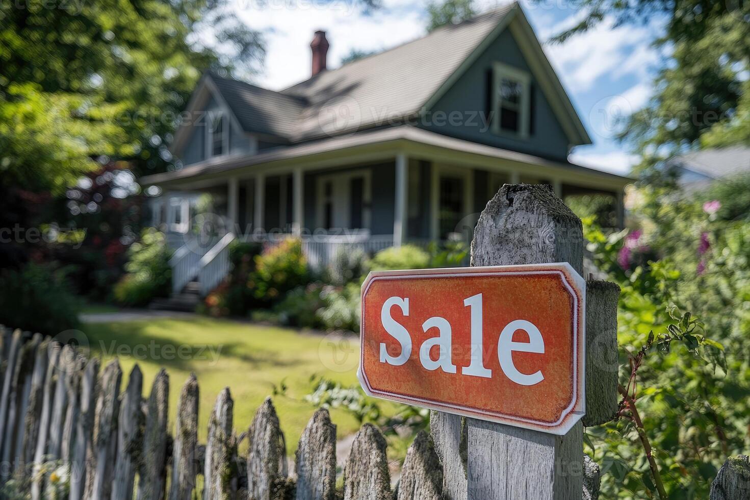 Sale sign displaying on wooden fence with house in background photo