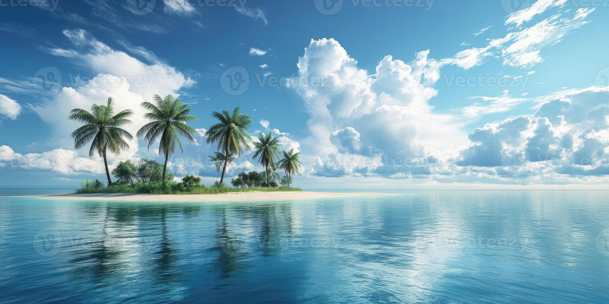 Small tropical island with palm trees is surrounded by azure water photo
