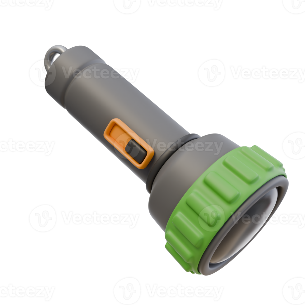 3d render illustration of flashlight. Camping essentials, battery powered lantern. Isolated object icon png