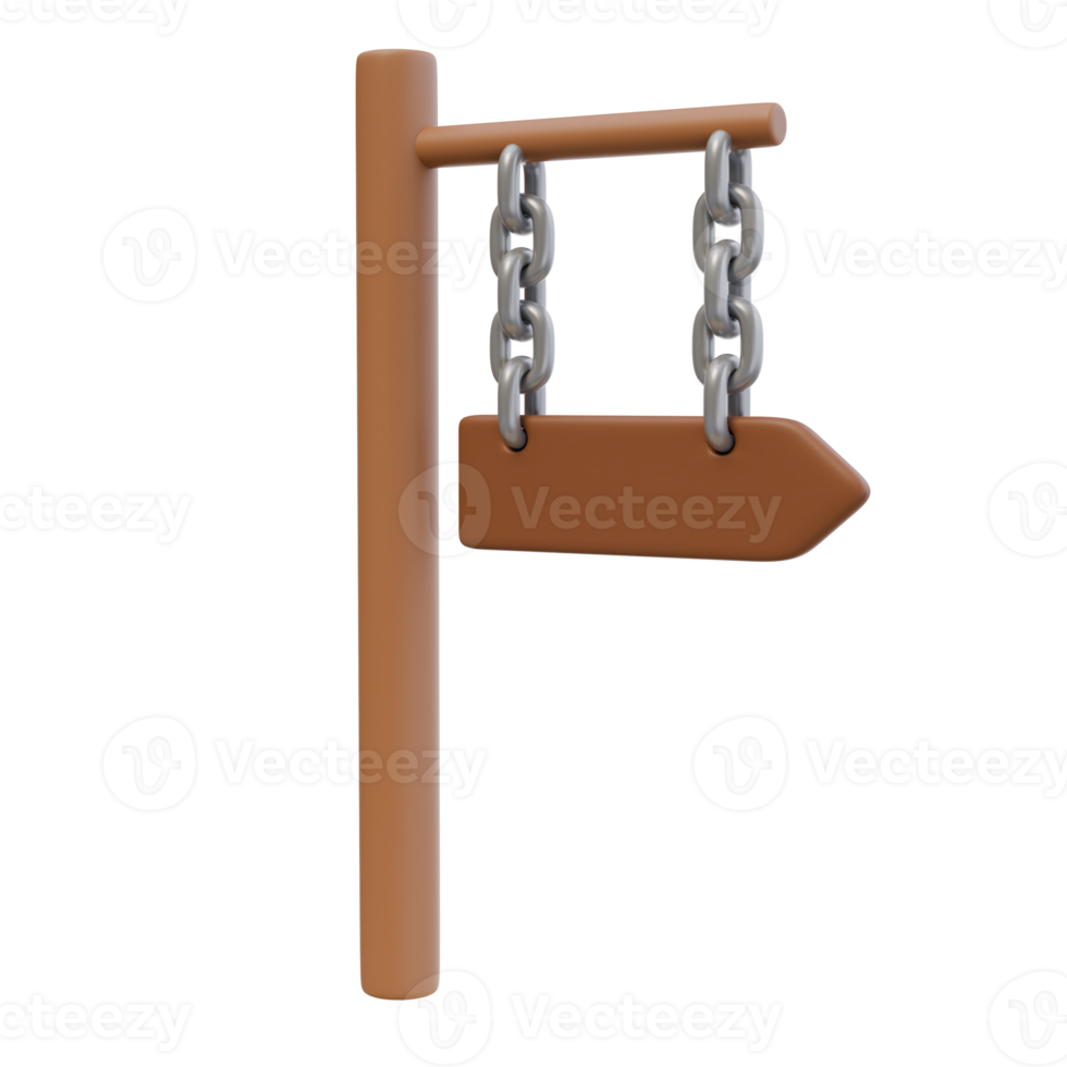 3d render illustration of signpost with arrow on a metal chain. Wooden signboard. Direction pointer, divarication guidepost. Isolated object png