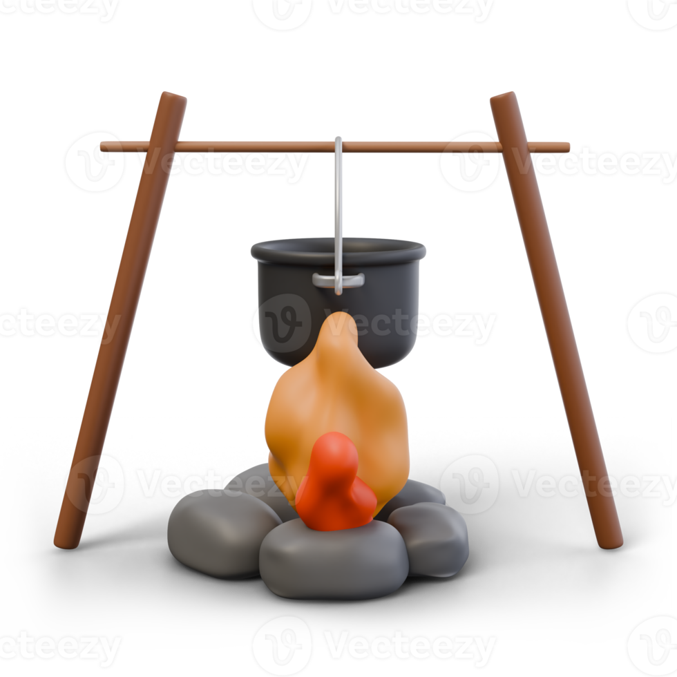 3d render illustration of campfire with stone and cooking pot with shadow. Camping picnic, tourism concept. Isolated object png