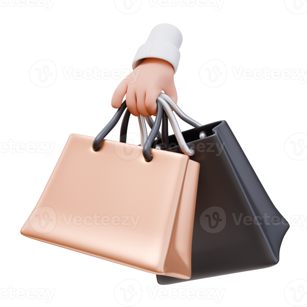 3D Icon Hand Holding Shop Paper Bag with Purchases. Delivery Sale Shopping Concept. 3D Illustration Design Web Mobile App png