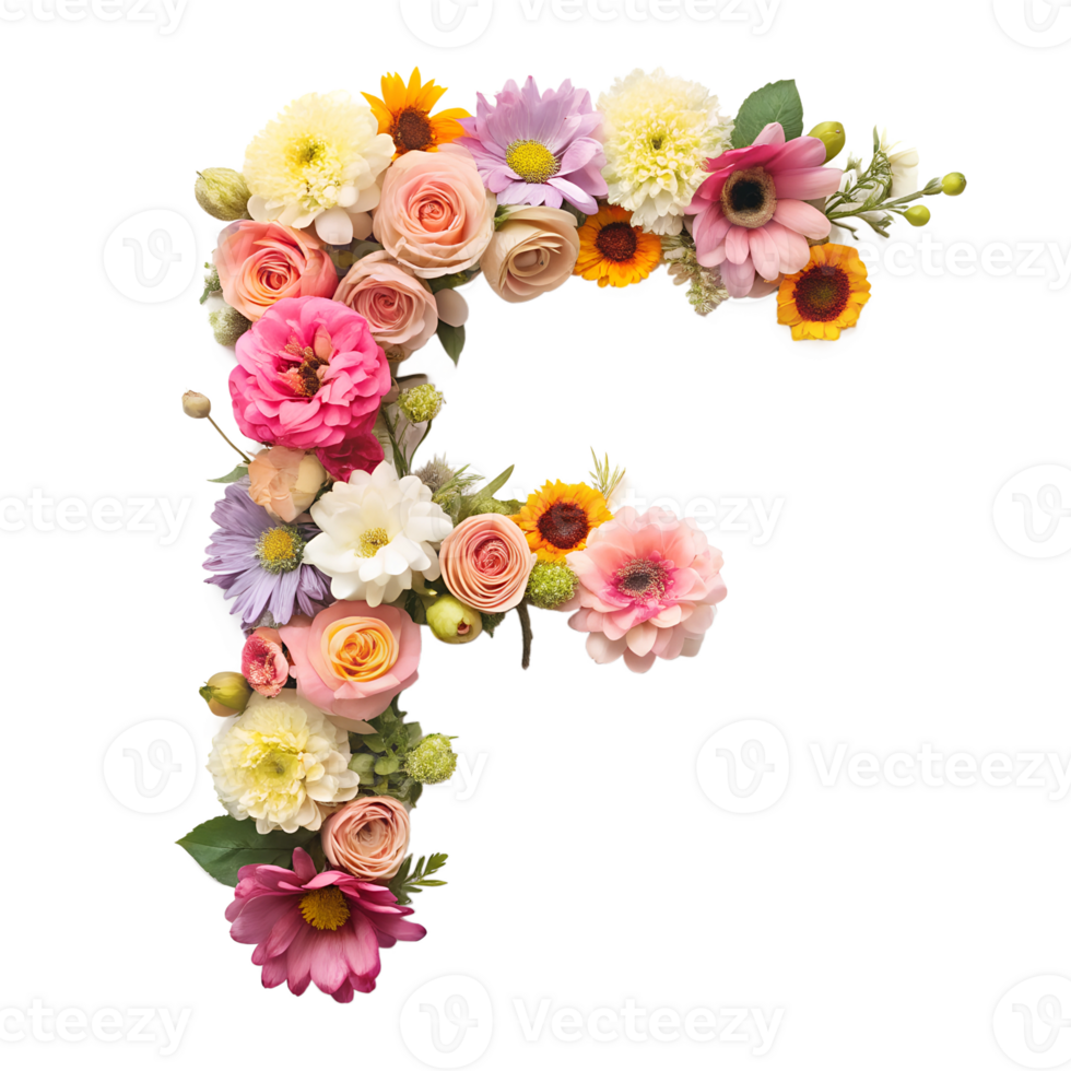 Stringing beautiful flowers together to form the English letter F, isolated on transparent background png