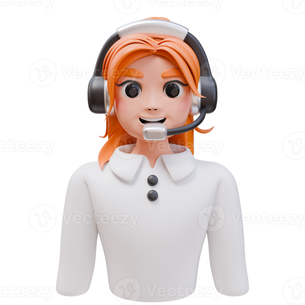 3D Icon Character Woman Customer Support With Headphones And Ginger Hair. Online Services Concept. 3D Illustration Design Web Mobile App png