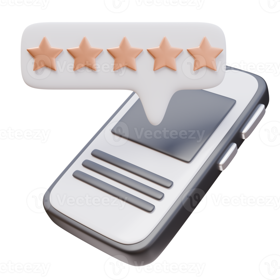 3D Icon Smartphone Text Bubble Stars. Feedback Review. Store Sale Online Shopping Concept. 3D Illustration Design Web Mobile App png