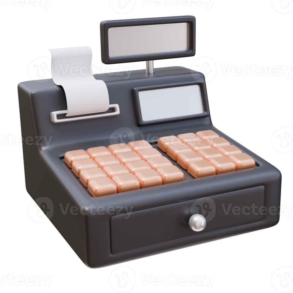 3D Icon Black Cash Register with Display and Check. Store Sale Shopping Concept. 3D Illustration Design Web Mobile App png