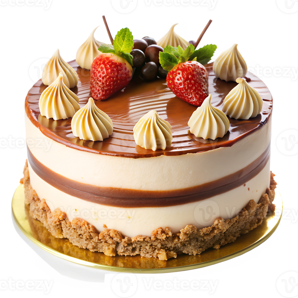 a delicious-looking cake with a creamy white frosting, adorned with fresh strawberries, isolated on a transparent background png
