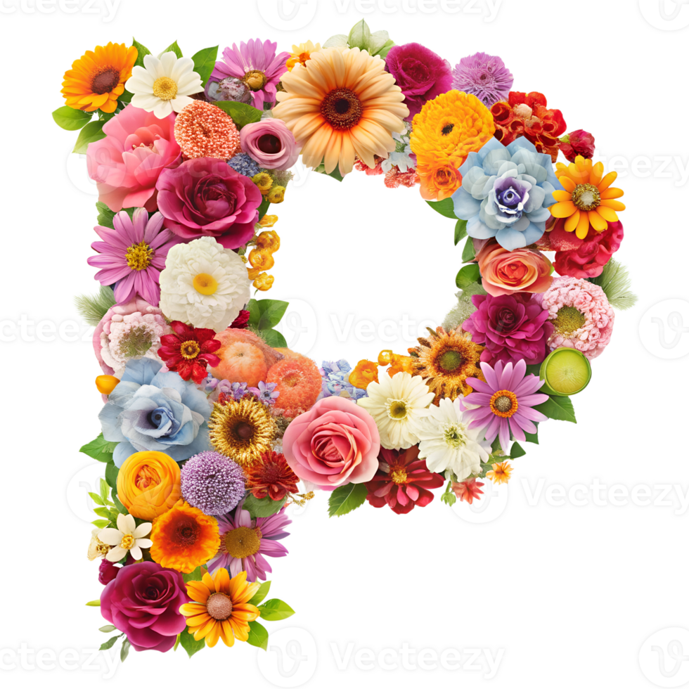 Stringing beautiful flowers together to form the English letter P, isolated on transparent background png