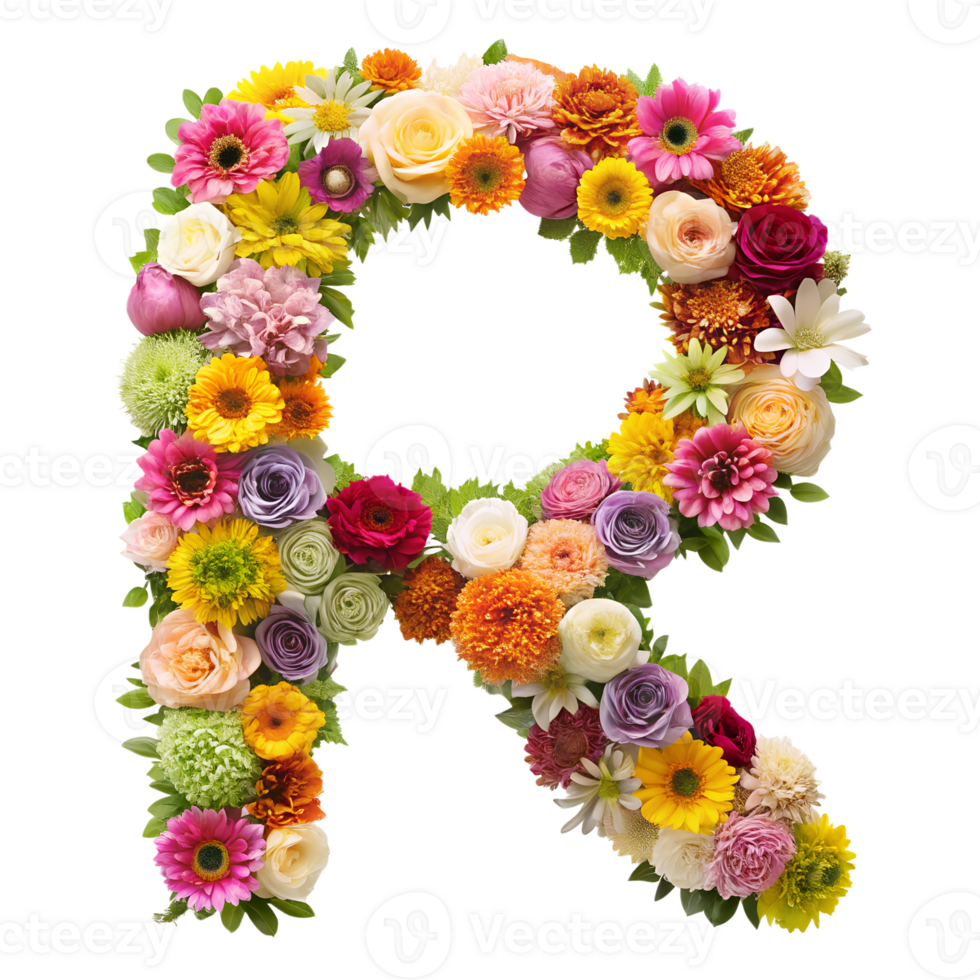 Stringing beautiful flowers together to form the English letter R, isolated on transparent background png
