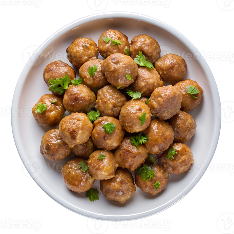 top view of Meatballs on white plate, Sprinkle with coriander, isolated on a transparent background png