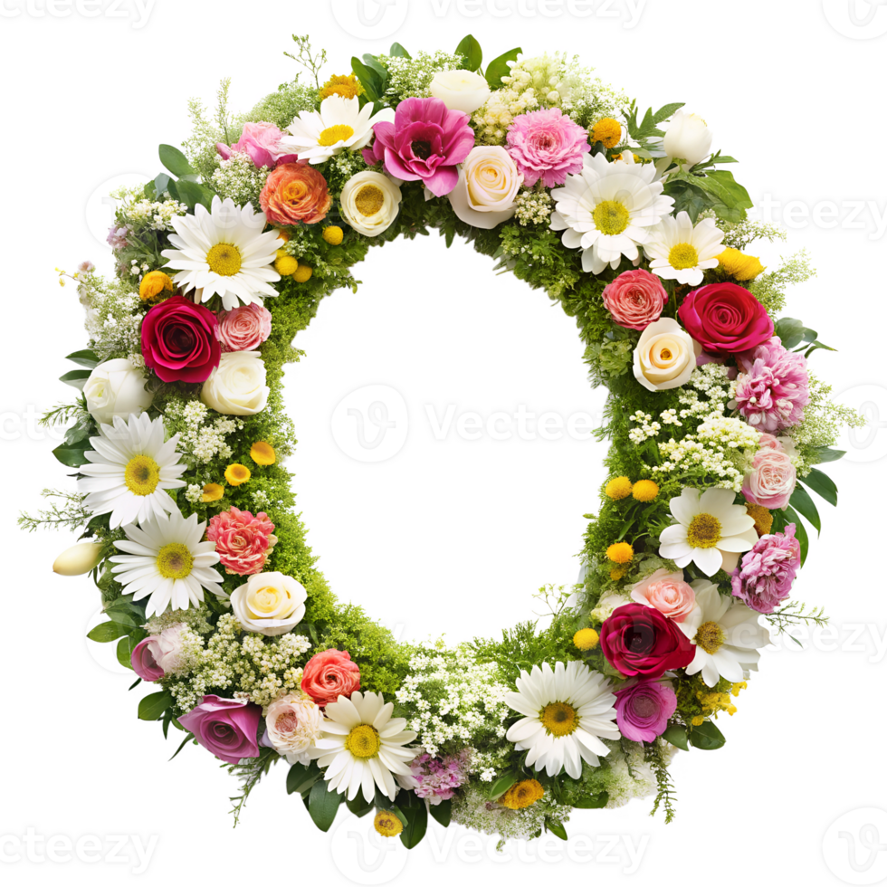 Stringing beautiful flowers together to form the English letter O, isolated on transparent background png