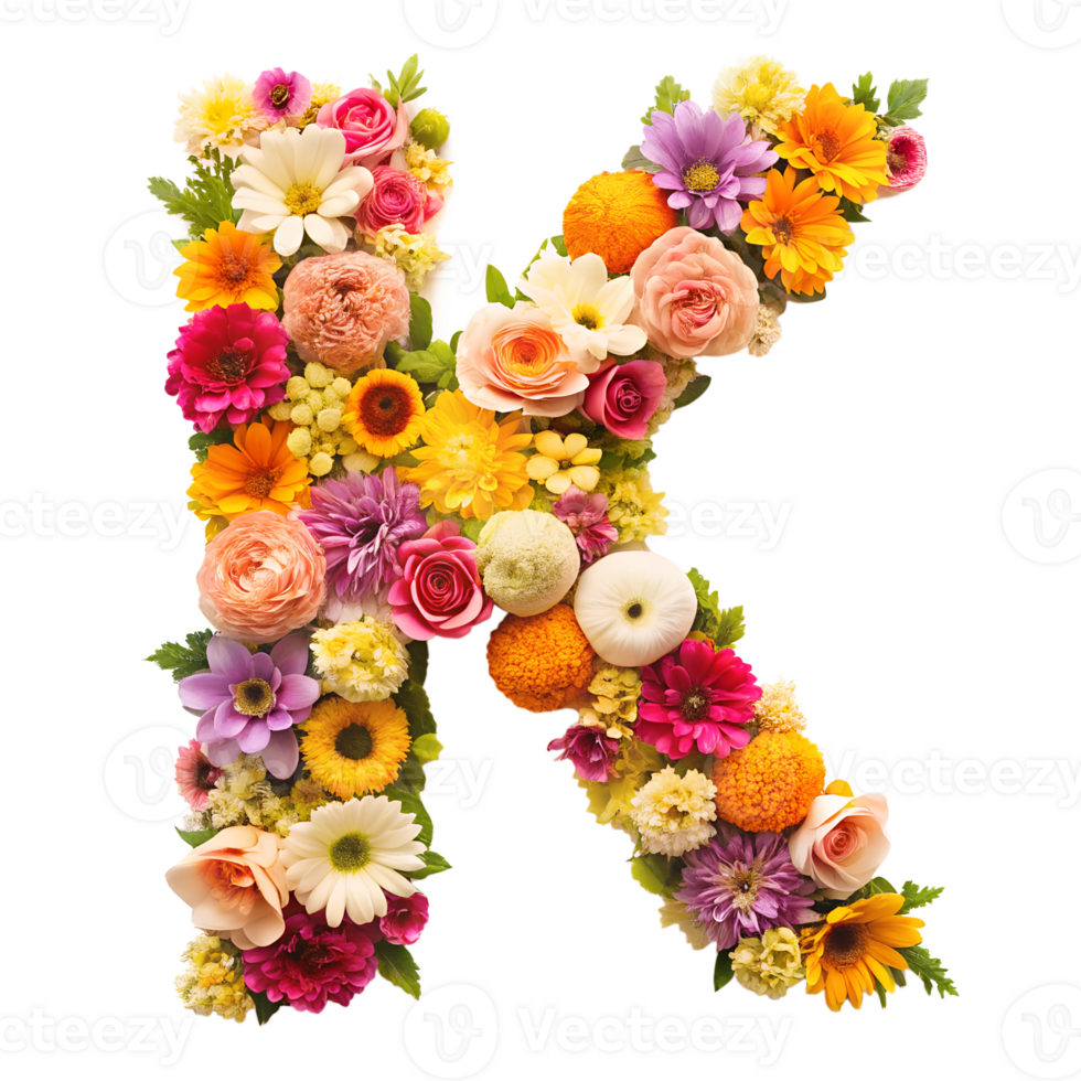 Stringing beautiful flowers together to form the English letter K, isolated on transparent background png