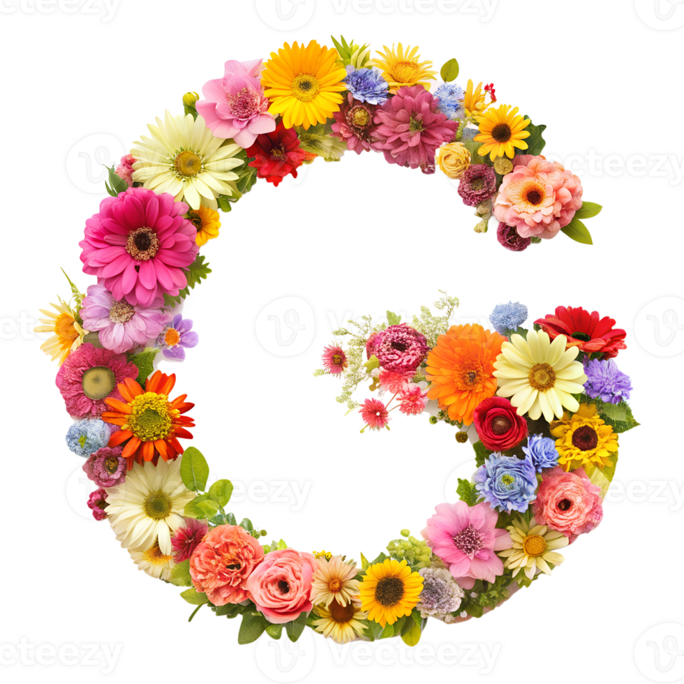 Stringing beautiful flowers together to form the English letter G, isolated on transparent background png
