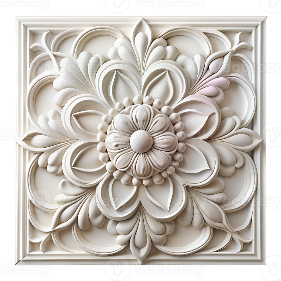 a 3D rendering of wall decor plaster, square with intricate details, isolated on a transparent background png