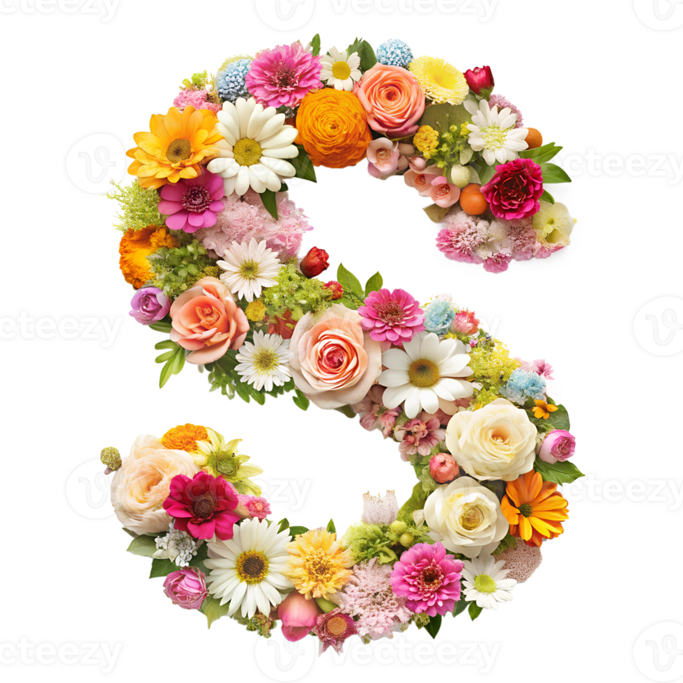 Stringing beautiful flowers together to form the English letter S, isolated on transparent background png