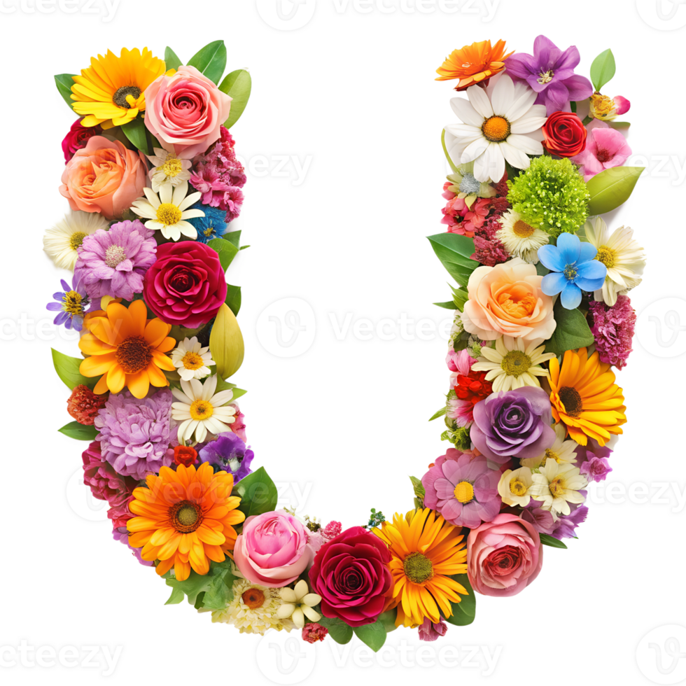 Stringing beautiful flowers together to form the English letter U, isolated on transparent background png
