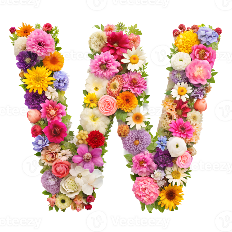 Stringing beautiful flowers together to form the English letter W, isolated on transparent background png