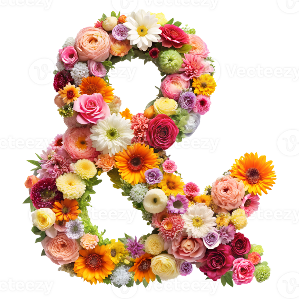 Stringing beautiful flowers together to form the English letter -and- symbol, isolated on transparent background png