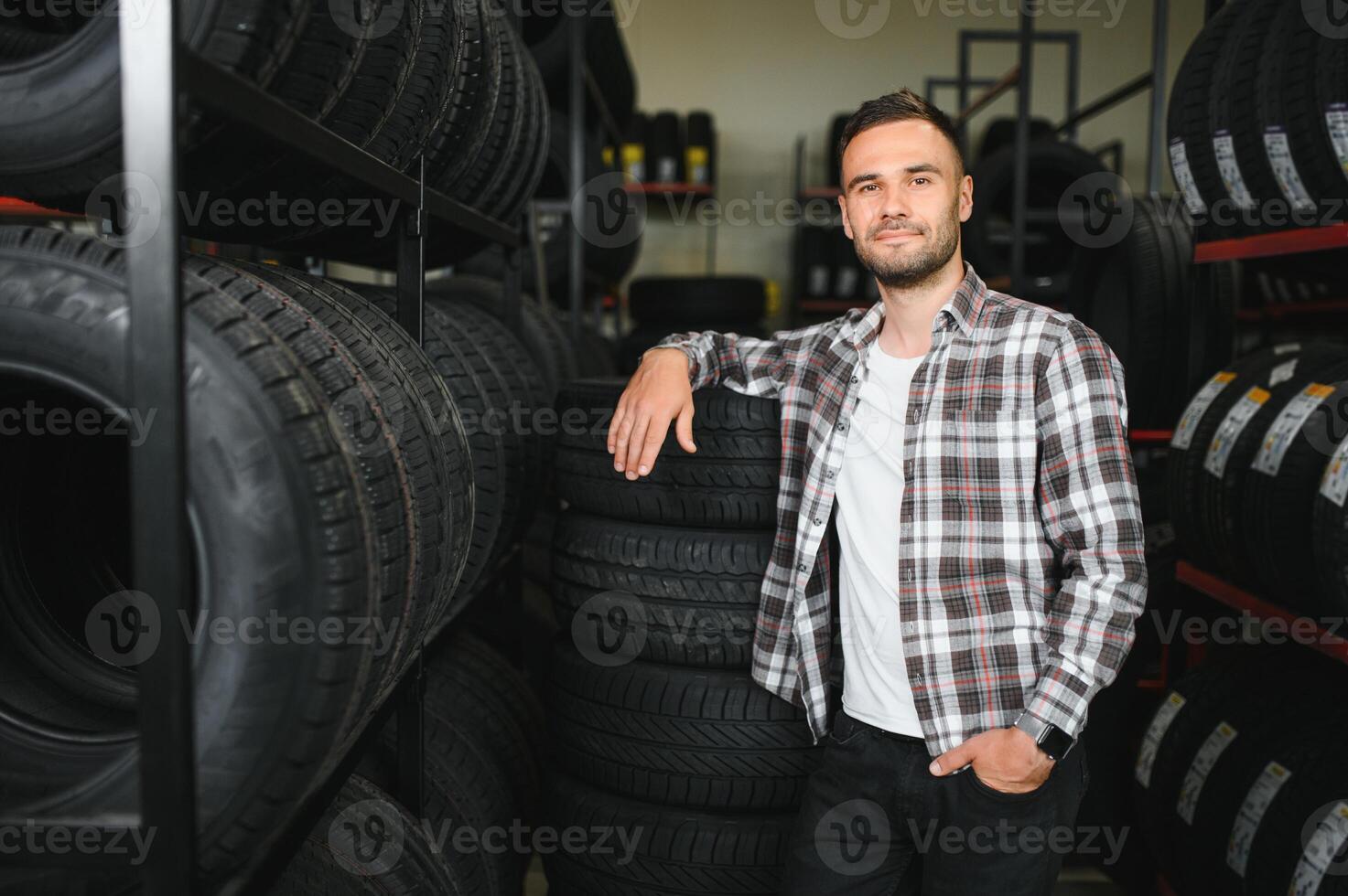 A male customer in a car tire shop photo