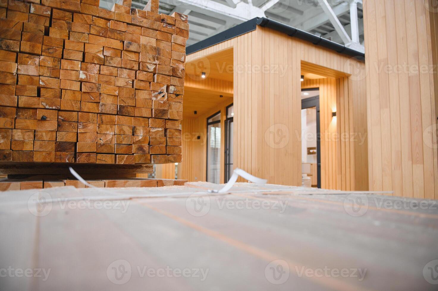 Newly built single storey prefabricated modular building. Prefabricated mobile wooden house at construction site photo