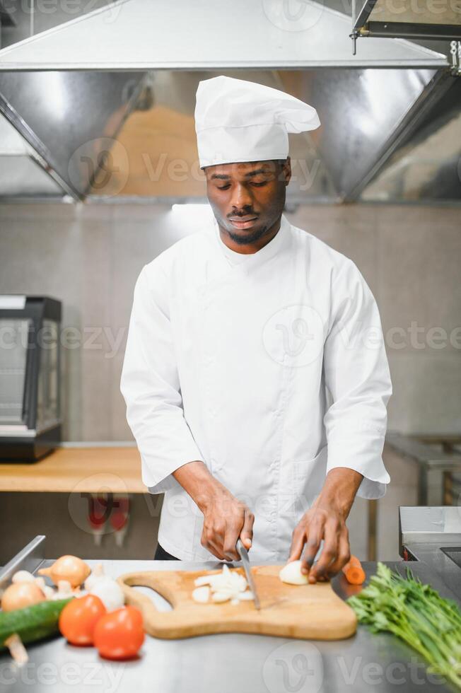 Gourmet chef in uniform cooking in a commercial kitchen. photo
